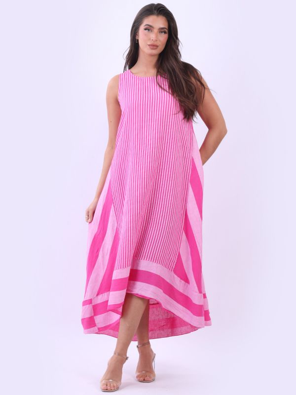 Sleeveless Linen Stripy Dress Fuchsia