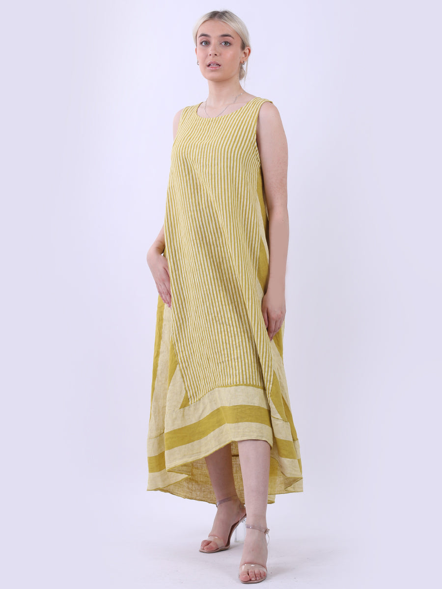 Sleeveless Linen Stripy Dress Lime Green
