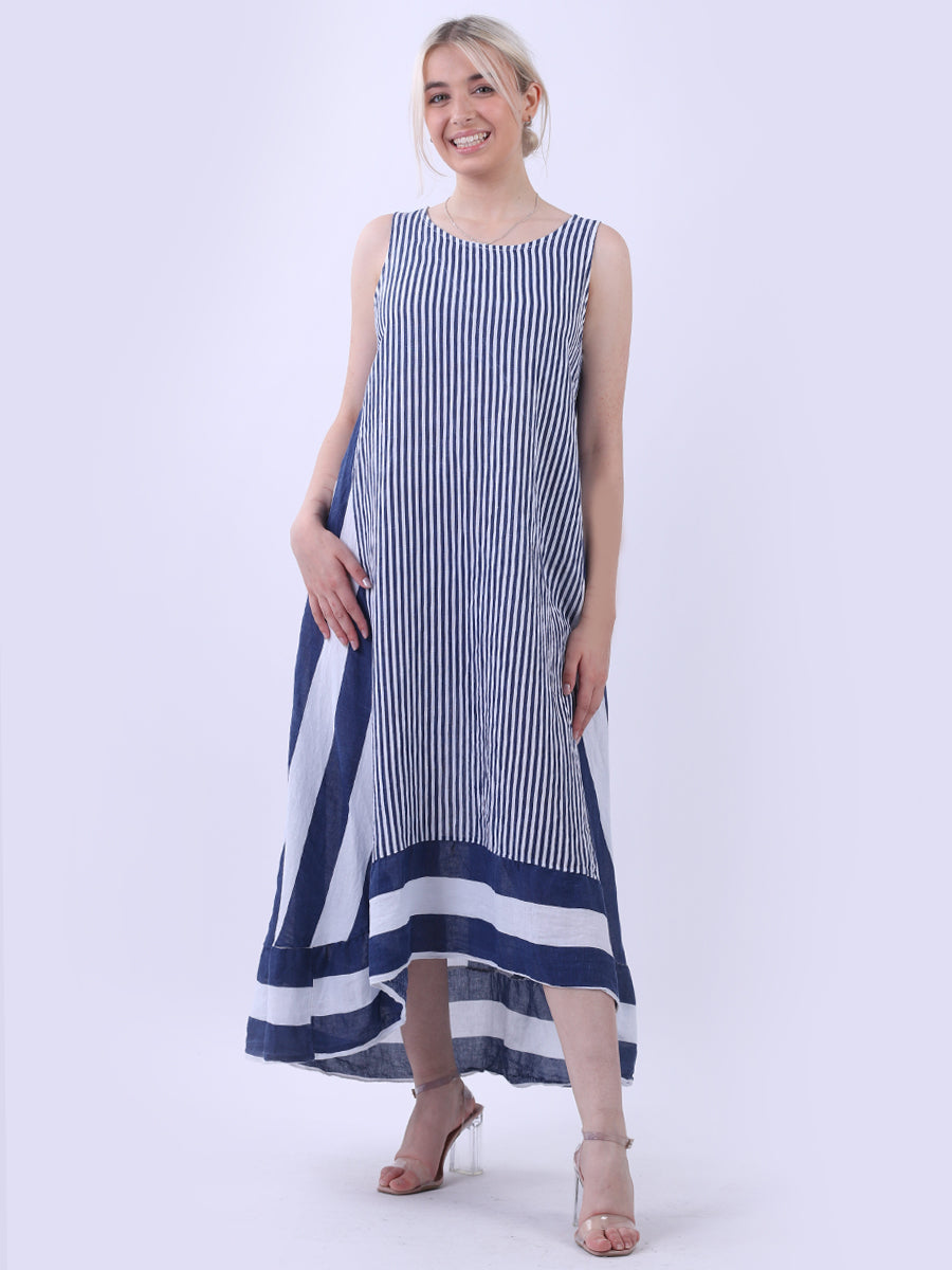 Sleeveless Linen Stripy Dress Navy
