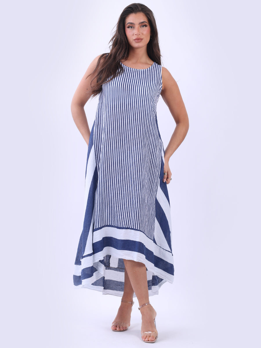 Sleeveless Linen Stripy Tank Dress Navy