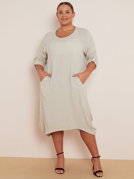 Plain Plus Size Cotton Lagenlook Midi Dress