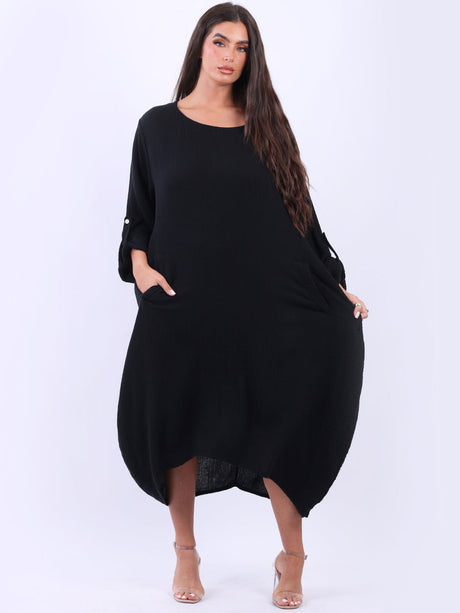 Plain Plus Size Cotton Lagenlook Midi Dress