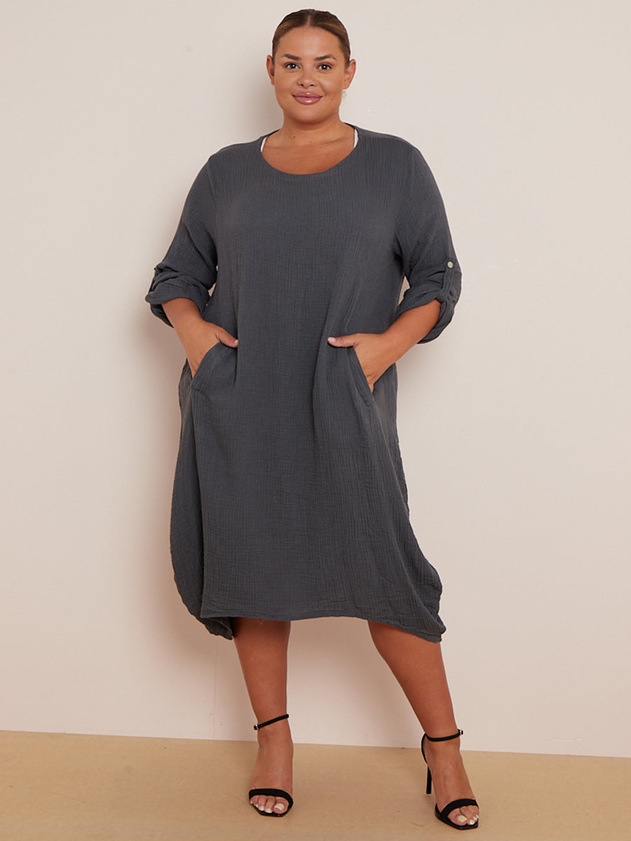 Oversized Cotton Midi Dress Charcoal
