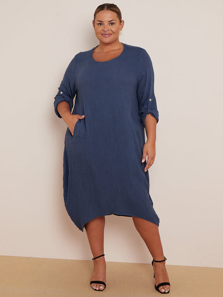 Plain Plus Size Cotton Lagenlook Midi Dress