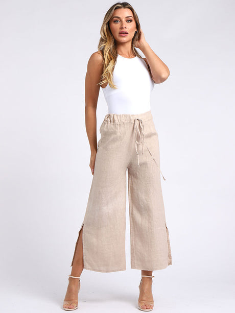 Wide Leg Split Hem Sides Linen Palazzo Pant