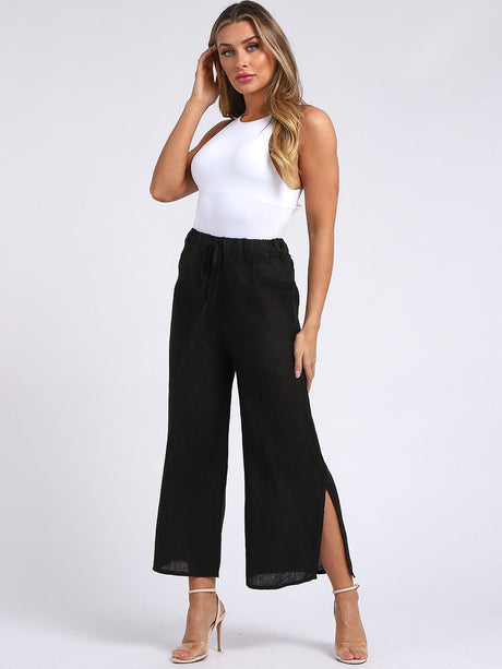 Wide Leg Split Hem Sides Linen Palazzo Pant