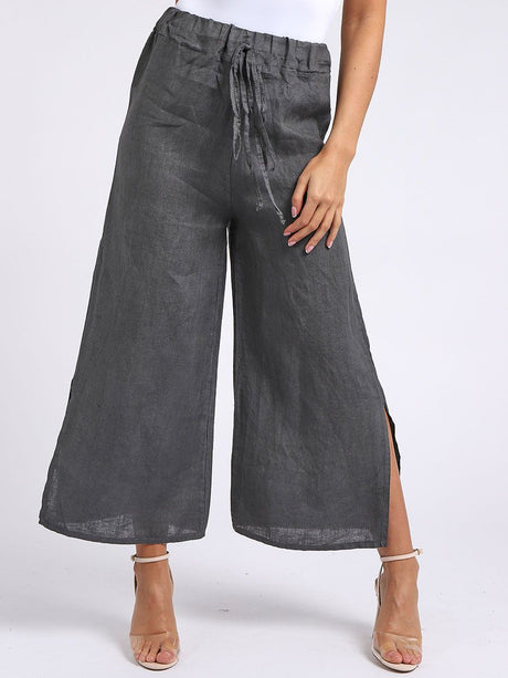 Wide Leg Split Hem Sides Linen Palazzo Pant