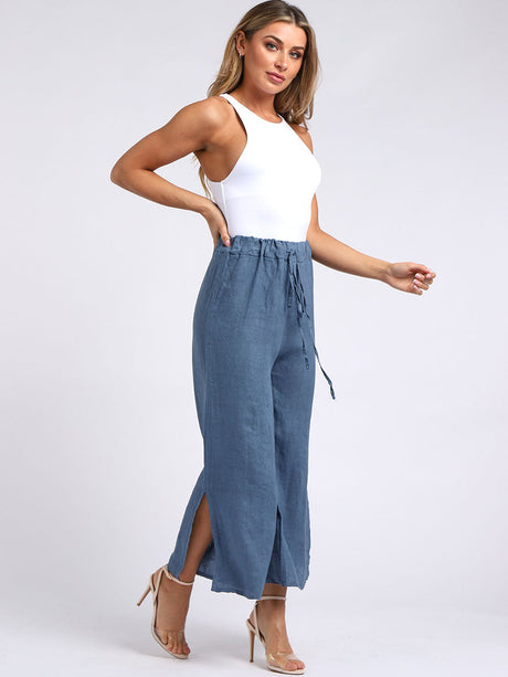 Wide Leg Split Hem Sides Linen Palazzo Pant