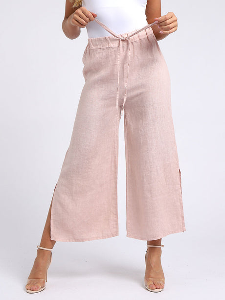 Wide Leg Split Hem Sides Linen Palazzo Pant