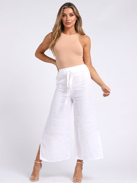 Wide Leg Split Hem Sides Linen Palazzo Pant