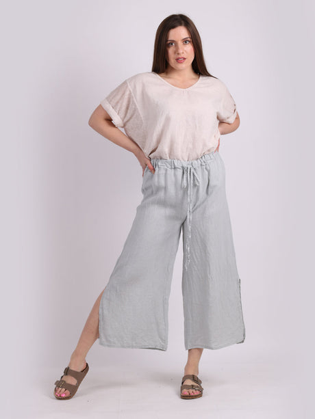 Wide Leg Split Hem Sides Linen Palazzo Pant