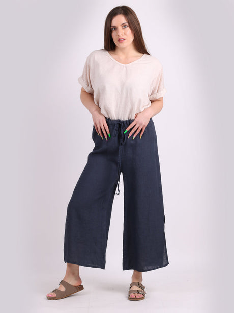 Wide Leg Split Hem Sides Linen Palazzo Pant