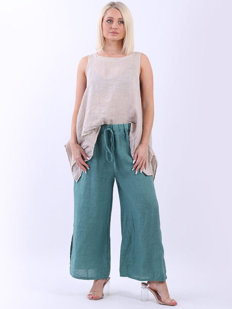 Wide Leg Split Hem Sides Linen Palazzo Pant