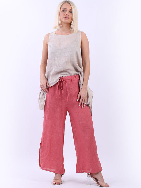 Wide Leg Split Hem Sides Linen Palazzo Pant