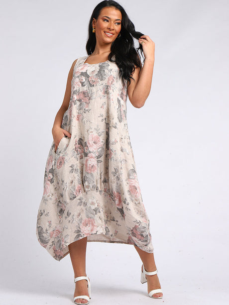 Sleeveless Linen Floral Maxi Tank Dress