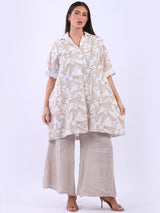 Star Print Front Button Collared Linen Shirt Dress