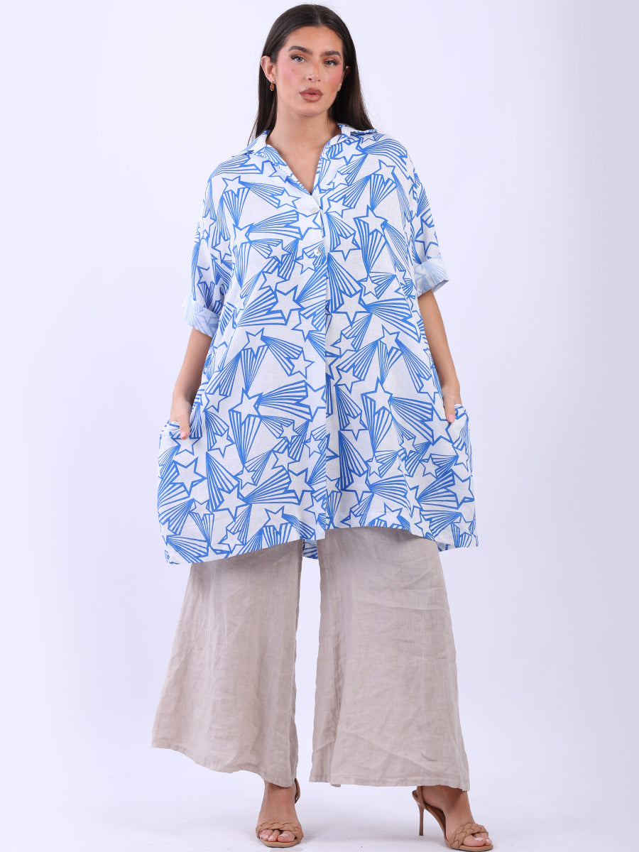 Star Print Front Button Collared Linen Shirt Dress