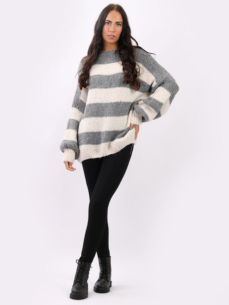 Stripy Batwing Woolen Knit Jumper