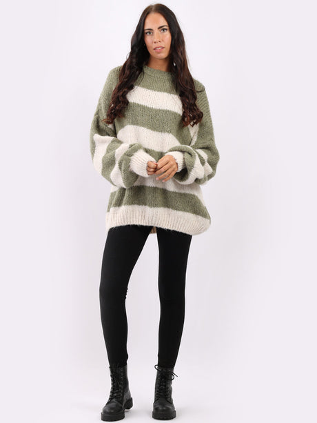 Stripy Batwing Woolen Knit Jumper