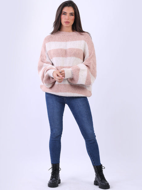 Ladies Woolen Knit Baggy Oversized Stripy Jumper