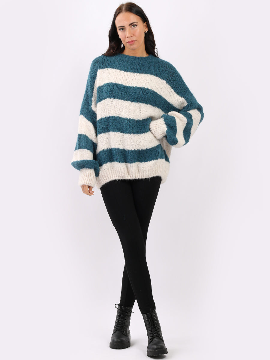 Stripy Batwing Woolen Knit Jumper