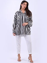 Ladies Button Down Cotton Lagenlook Stripy Shirt