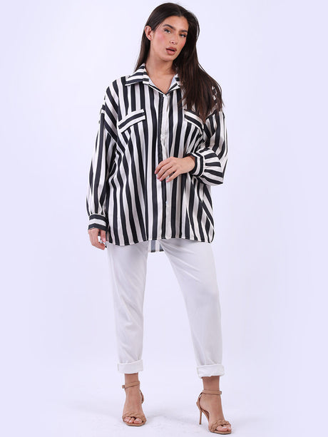 Ladies Button Down Cotton Lagenlook Stripy Shirt