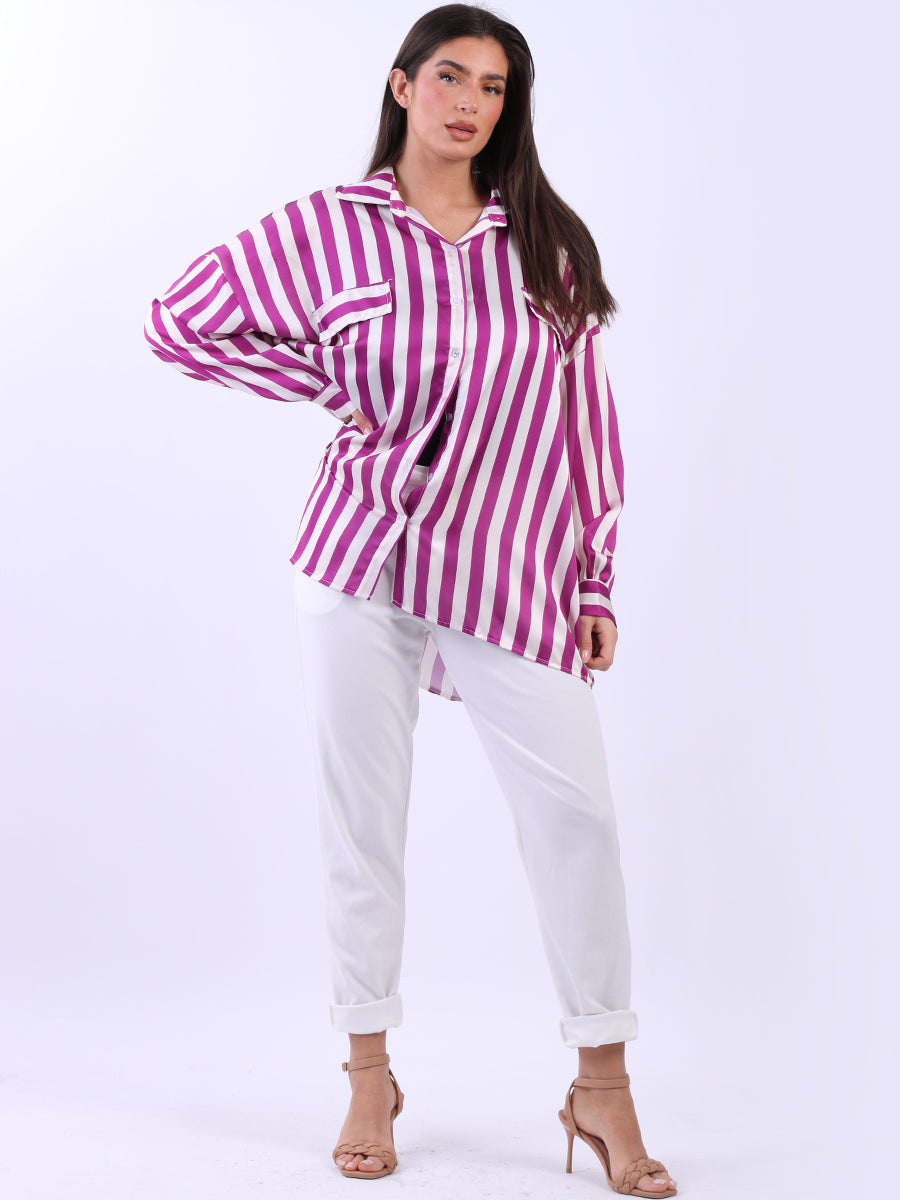 Ladies Button Down Cotton Lagenlook Stripy Shirt