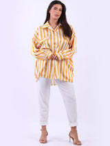 Ladies Button Down Cotton Lagenlook Stripy Shirt