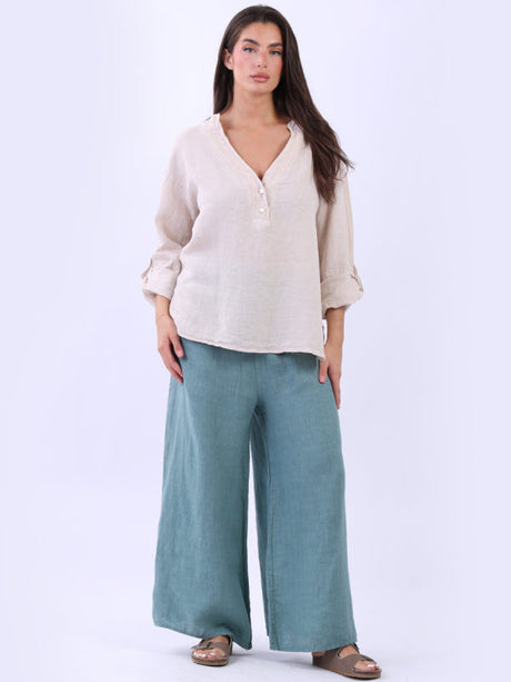 Ladies Plain Collarless Baggy Linen Top