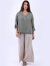 Ladies Plain Collarless Baggy Linen Top