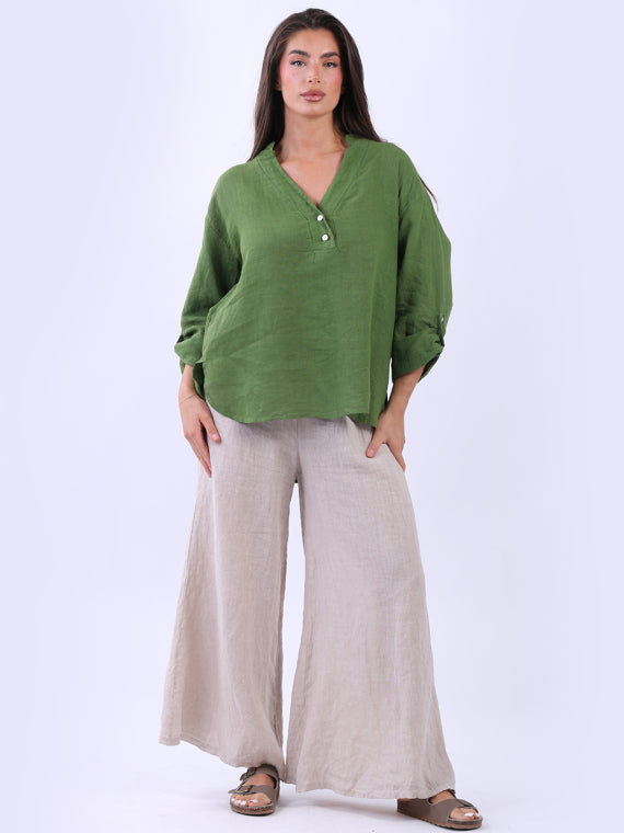 Ladies Plain Collarless Baggy Linen Top