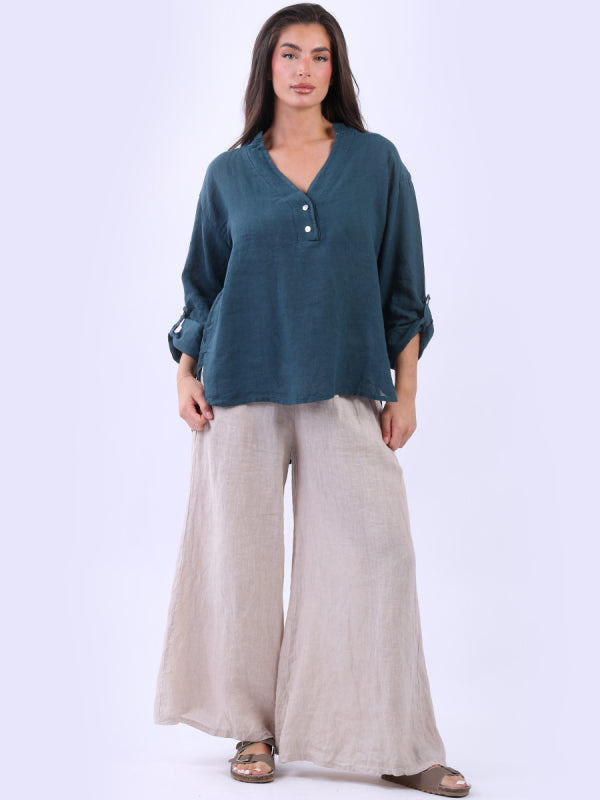 Ladies Plain Collarless Baggy Linen Top