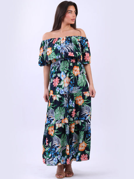 Tropical Print Off-Shoulder Tiered Maxi Dress