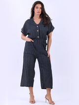 Ruched Waist Wide Leg Stripy Cotton Jumpsuit