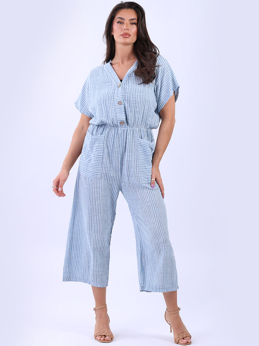 Ruched Waist Wide Leg Stripy Cotton Jumpsuit