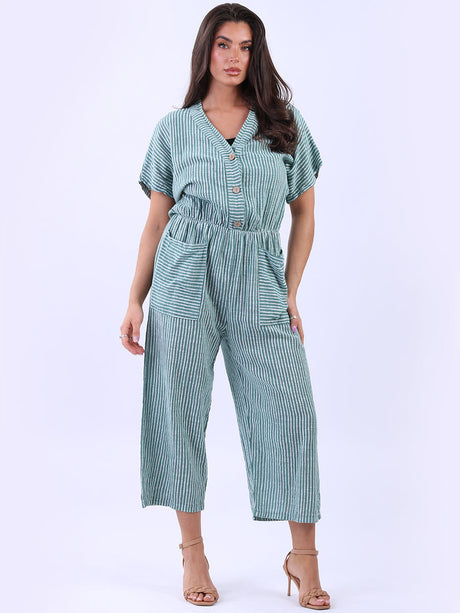 Ruched Waist Wide Leg Stripy Cotton Jumpsuit