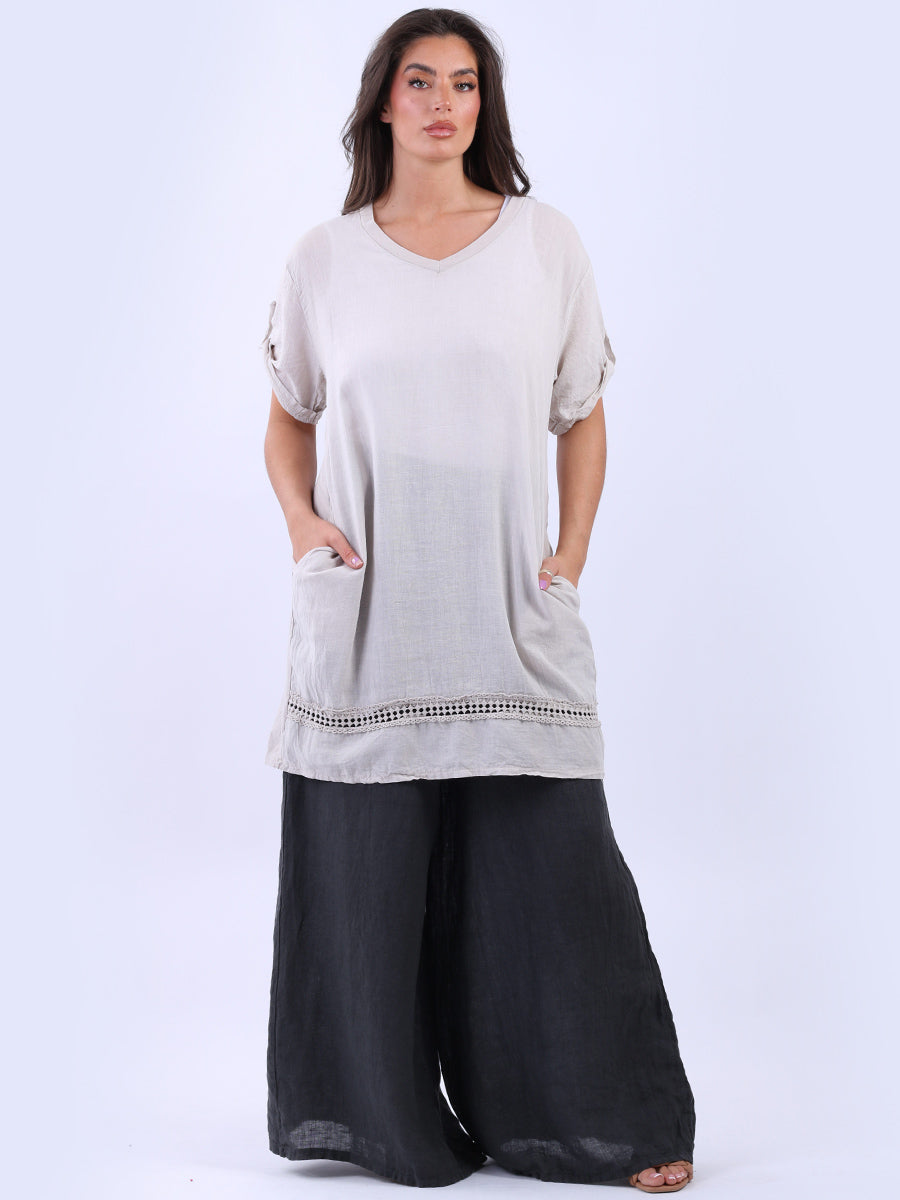 V-Neck Side Pockets Longline Plain Linen Top