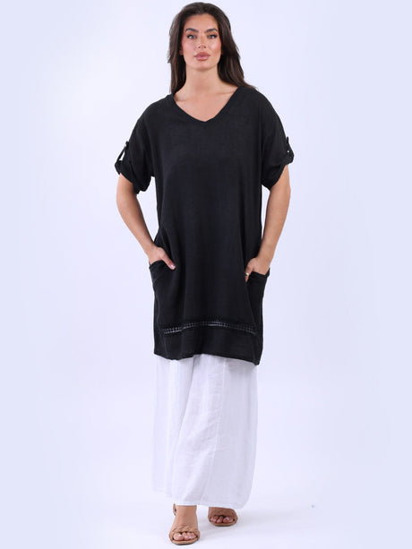 V-Neck Side Pockets Longline Plain Linen Top