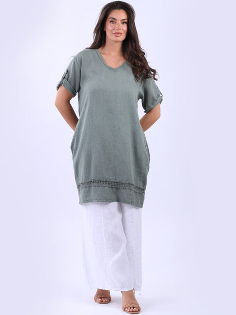 V-Neck Side Pockets Longline Plain Linen Top