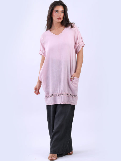 V-Neck Side Pockets Longline Plain Linen Top