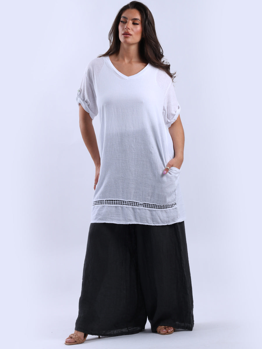 V-Neck Side Pockets Longline Plain Linen Top