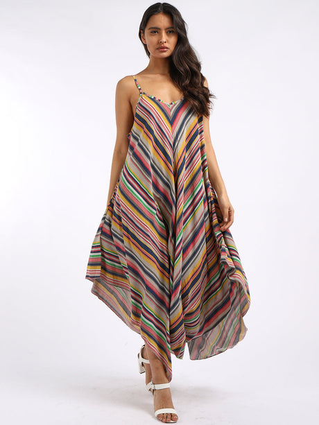 V-Neck Stripy Print Cami Maxi Dress