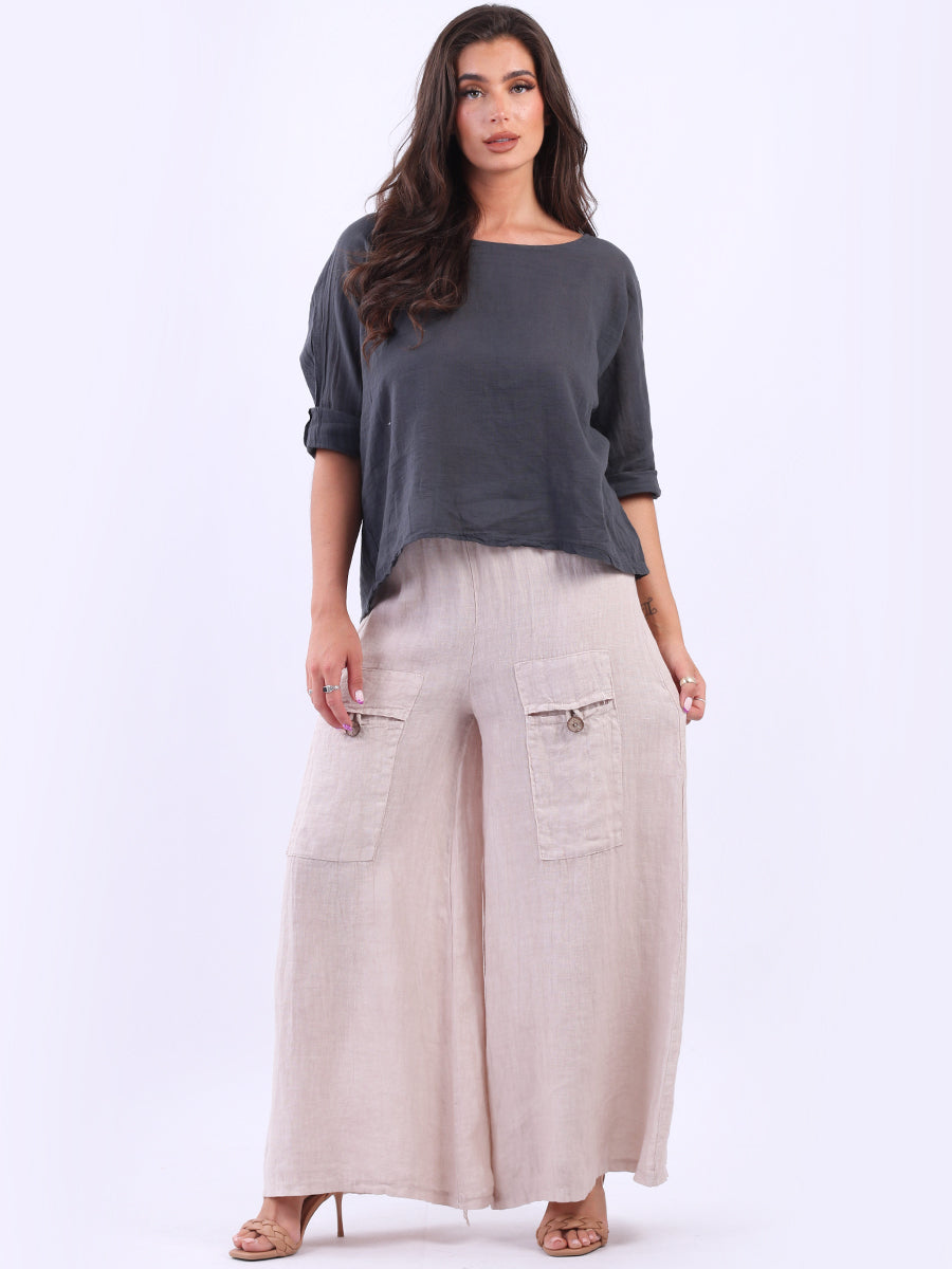 Plain Vintage Wash Linen Wide Leg Palazzo Trouser