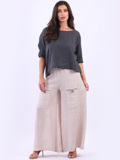 Plain Vintage Wash Linen Wide Leg Palazzo Trouser