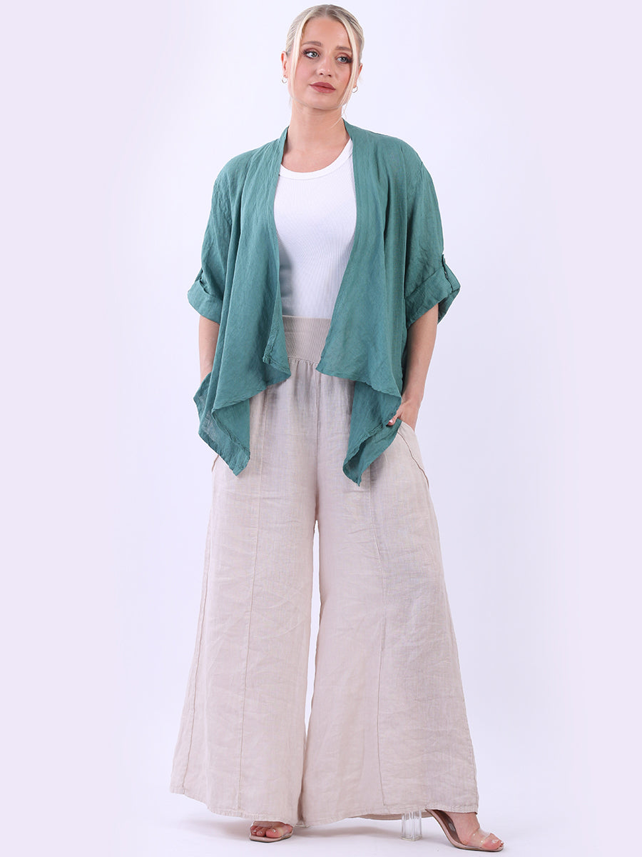 Italian Waterfall Style Plain Open Front Classy Linen Lagenlook Jacket-Green 