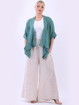 Italian Waterfall Style Plain Open Front Classy Linen Lagenlook Jacket-Green 