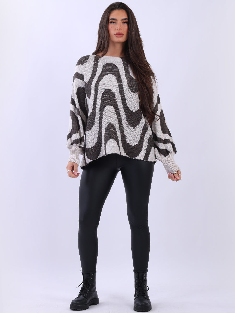 Wavy Lines Pattern Wool Knit Boxy Jumper