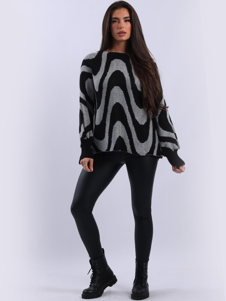 Wavy Lines Pattern Wool Knit Boxy Jumper