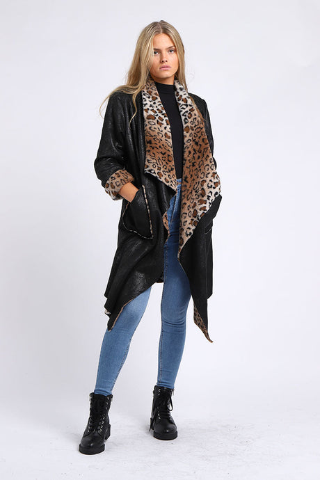 Leopard Shawl Collar Asymmetric Dual Cardigan